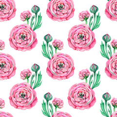 Seamless pattern with branches with Watercolor blooming Ranunculus.  illustration