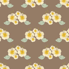 Yellow flowers and green leaves on a brown background. Vector illustration seamless pattern. Ideas for wallpaper, backdrops, dresses, and clothes.