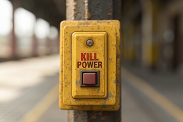 Rusty yellow kill switch button mounted on a pole in an industrial setting. Concept of Emergency Switch Improve Industrial Safety Standards.
