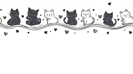 Naklejka premium Cartoon animal motion pattern, pets in mid-jump and rest poses, arranged to form a flowing horizontal wave, black line drawings with chibi proportions, hearts floating between forms, white background,