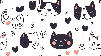 Adorable line-drawn pattern of sleepy cartoon cats and dogs, exaggerated facial features, outlined in clean black strokes, soft heart icons spread across white background,