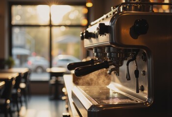 Fototapeta premium Espresso machine steaming quietly in an empty café during the morning