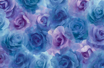Roses in shades of blue and purple, arranged in an abstract pattern with an emphasis on fluidity and movement, creating a sense of depth within the design
