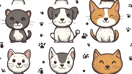 Obraz premium Cartoon pet illustration pattern showing dogs and cats rotating through four directional views, placed in circular loops, bold black outlines with neutral brown and gray tones, white background,