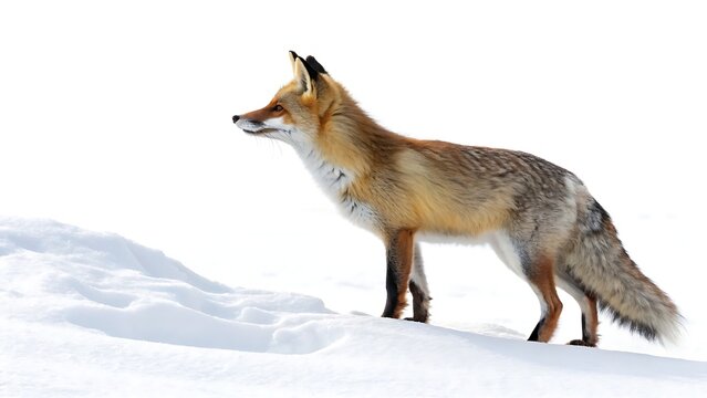A striking red fox stands gracefully on a snowy terrain, its vibrant fur contrasting against the pristine white landscape, embodying the elegance of winter wildlife.