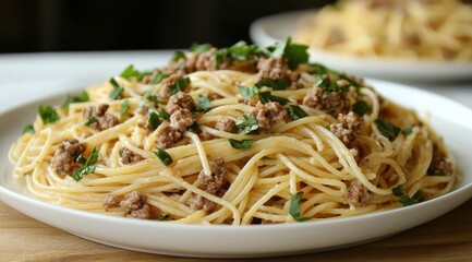 Delicious Spaghetti with Ground Beef and Fresh Parsley Sprinkled on Top Plate Food Style Dish