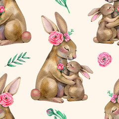 Seamless pattern with forest animals. Cute Mother's Day greeting card, fabric, wrapping paper, packing