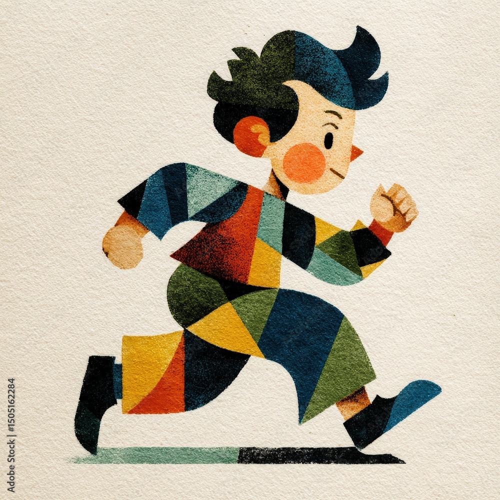 Poster abstract illustration of a colorful character running energetically in a stylized manner.