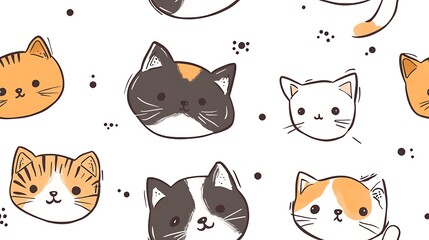 Cute pet doodle pattern featuring rotating cartoon cats and dogs shown from four angles, drawn in a circular motion, bold black and brown outlines with light gray shadowing,