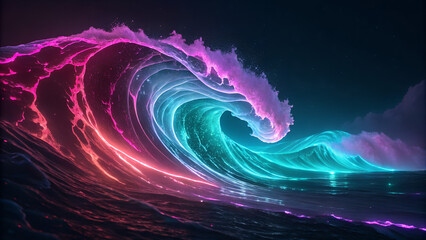 Luminous Ocean: A Rainbow Wave Breaking at Night