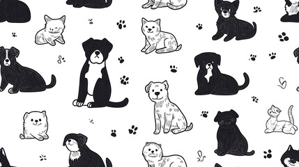 Cute seamless vector pattern of various dog and cat breeds in relaxed poses—sitting, laying, stretching—outlined in bold black hand-drawn doodle lines, breed-specific details, clean white background,