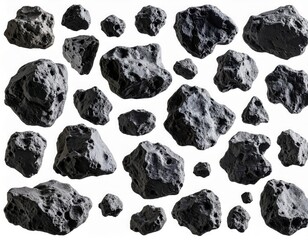 Cosmic Cluster: A collection of asteroids float against the infinite void, revealing the raw, geological texture. These celestial wanderers offer a glimpse into the origins of the universe.