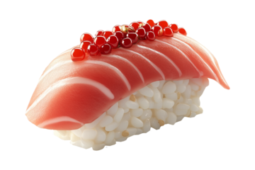 Salmon nigiri sushi with bright red roe, isolated on white transparent background, concept of traditional Japanese cuisine