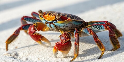 Red crab on a rock by the sea, a marine crustacean with prominent claws on the beach sand, showcasing its natural wildlife beauty