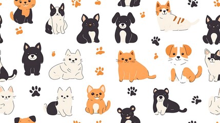 High-res seamless vector pattern featuring every dog and cat breed in whimsical, funny poses, outlined in black with white border lines, filled with soft flat tones, positioned on a white background,