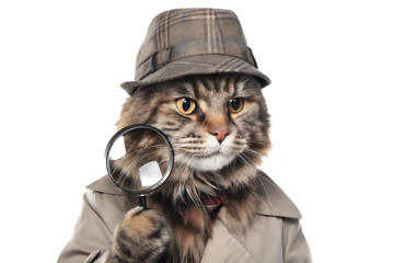 Sleuth cat detective investigating clues isolated on a white background