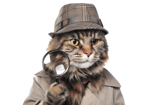Sleuth cat detective investigating clues isolated on a white background