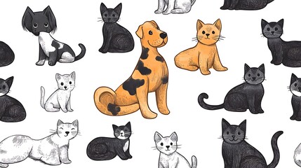Playful hand-drawn seamless pattern of dogs and cats in energetic poses, sketched from side and top angles, black contour lines with shaded gray and brown tones, spaced cleanly on a white background,