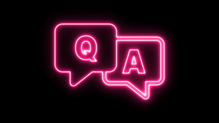 Neon pink q and a speech bubbles glowing on a dark background for faq or chatbot digital communication