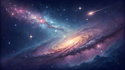 Cosmic Symphony: A Swirling Galaxy Amidst Celestial Clouds