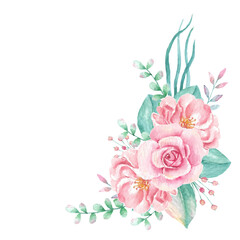 Watercolor Pink Roses and Greenery Corner Bouquet Floral Design Element Wedding Invitation Romantic