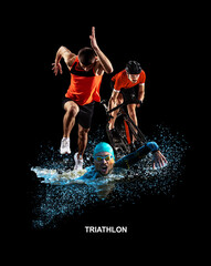 Conceptual collage. Three male triathletes in action, swimming, cycling and sprinting against black...