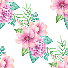 Watercolor Floral Bouquet Seamless Pattern Pink Roses Magnolia Tropical Leaves