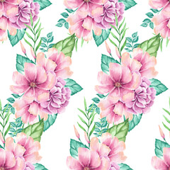 Seamless watercolor floral pattern delicate pink roses and green leaves transparent background