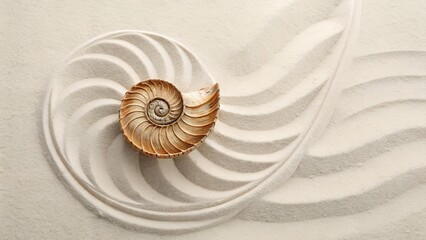 Flat lay of a spiral seashell on a soft sand background, centered composition with realistic textures and minimal elements, 4K detai