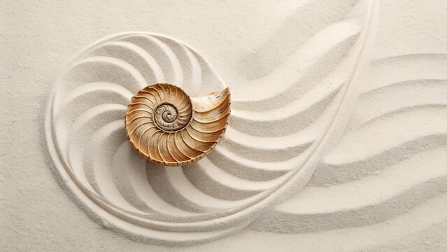 Flat lay of a spiral seashell on a soft sand background, centered composition with realistic textures and minimal elements, 4K detai