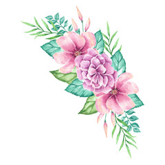 Watercolor Floral Arrangement Pink and Purple Flowers with Greenery Botanical Illustration