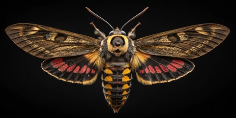 A beautiful colorful butterfly with yellow and orange wings flies isolated on a black background
