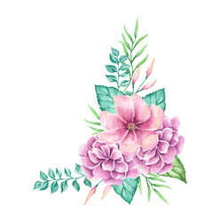 Watercolor Floral Arrangement Pink and Purple Flowers with Green Leaves Corner Design