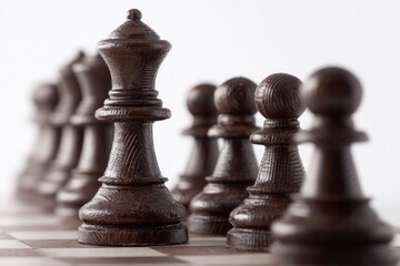 Fototapeta premium A chocolate chess piece on a chessboard, with other pieces in line behind it, against a white background. 