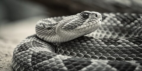 Close up of a dangerous coiled brown rattlesnake in the desert with scales and tongue visible, a venomous reptile in its natural wildlife habitat