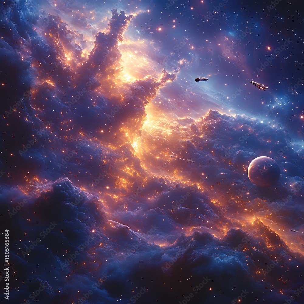 Aufkleber a captivating cosmic nebula scene with planets spaceships and a mesmerizing high resolution image.