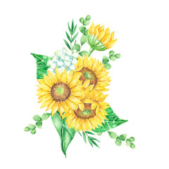 Vibrant Watercolor Sunflowers and Hydrangea Bouquet Floral Arrangement Summer Blooms Botanical