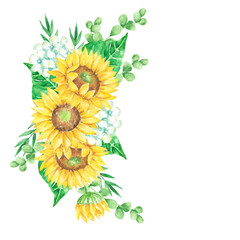 Vibrant Watercolor Sunflowers and Eucalyptus Floral Arrangement Botanical Illustration Summer