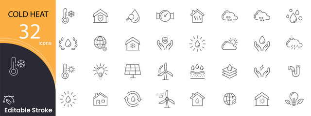 Cold and heat related icons set. Including temperature, snowflake, sun, climate, weather, thermometer, hot, and cold. Editable stroke. outline icons.