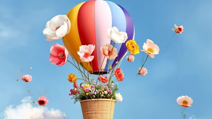 Colorful hot air balloon filled with flowers is floating in the sky. The balloon is surrounded by a blue sky and fluffy clouds. The flowers are of various colors and sizes - Powered by Adobe