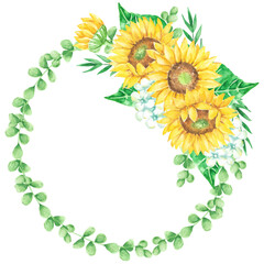 Watercolor Sunflowers and Eucalyptus Wreath Floral Design Element Summer Botanical Illustration