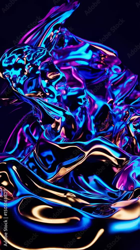 Aufkleber abstract flowing iridescent shape. metallic material in motion. vertical format. blue purple gold co