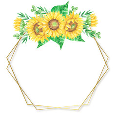 Elegant Watercolor Sunflower Wreath with Geometric Gold Frame Floral Design Element