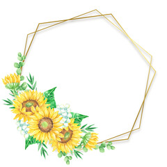 Watercolor Sunflowers and Geometric Gold Frame Floral Design Element