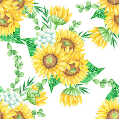 Vibrant Watercolor Sunflowers Hydrangea Floral Seamless Pattern Design