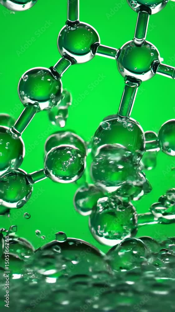 Aufkleber green spheres connected displaying molecule structure with shining droplets on green surface for ver