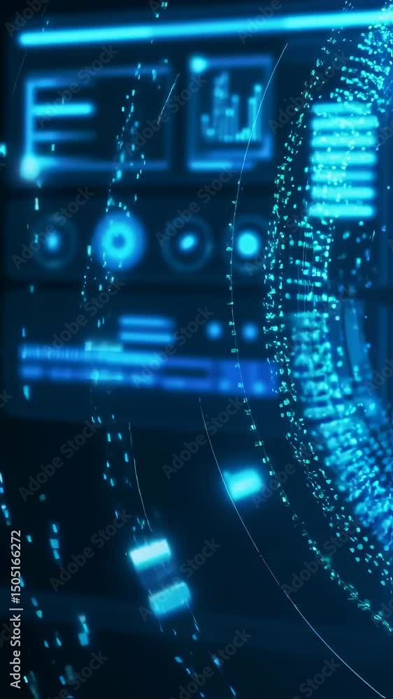 Poster glowing blue futuristic interface display showing data and technology elements with circular motion 