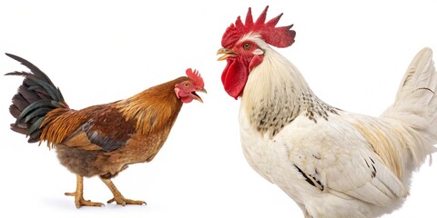 White isolated rooster and hen farm birds