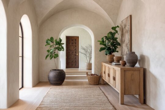 Elegant entry hall with large arched opening, clay plaster walls