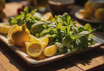 Fresh lemon wedges and mint bundles arranged on a service tray